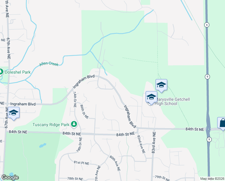 map of restaurants, bars, coffee shops, grocery stores, and more near 7722 88th Place Northeast in Marysville