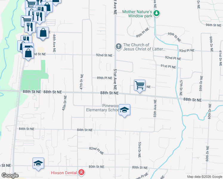 map of restaurants, bars, coffee shops, grocery stores, and more near 5021 88th Street Northeast in Marysville