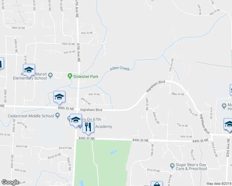 map of restaurants, bars, coffee shops, grocery stores, and more near 6929 89th Place Northeast in Marysville