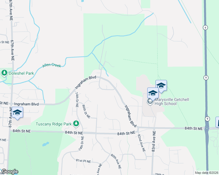 map of restaurants, bars, coffee shops, grocery stores, and more near 8804 78th Drive Northeast in Marysville