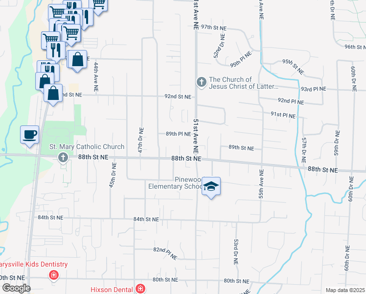 map of restaurants, bars, coffee shops, grocery stores, and more near 5016 89th Place Northeast in Marysville