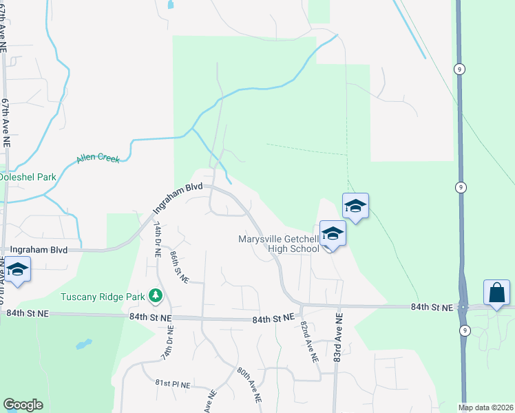 map of restaurants, bars, coffee shops, grocery stores, and more near 8805 78th Drive Northeast in Marysville