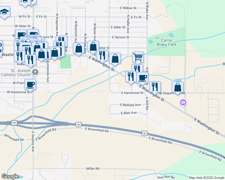 map of restaurants, bars, coffee shops, grocery stores, and more near 800 East Hammond Street in Sequim