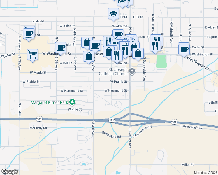 map of restaurants, bars, coffee shops, grocery stores, and more near 429 South 2nd Avenue in Sequim