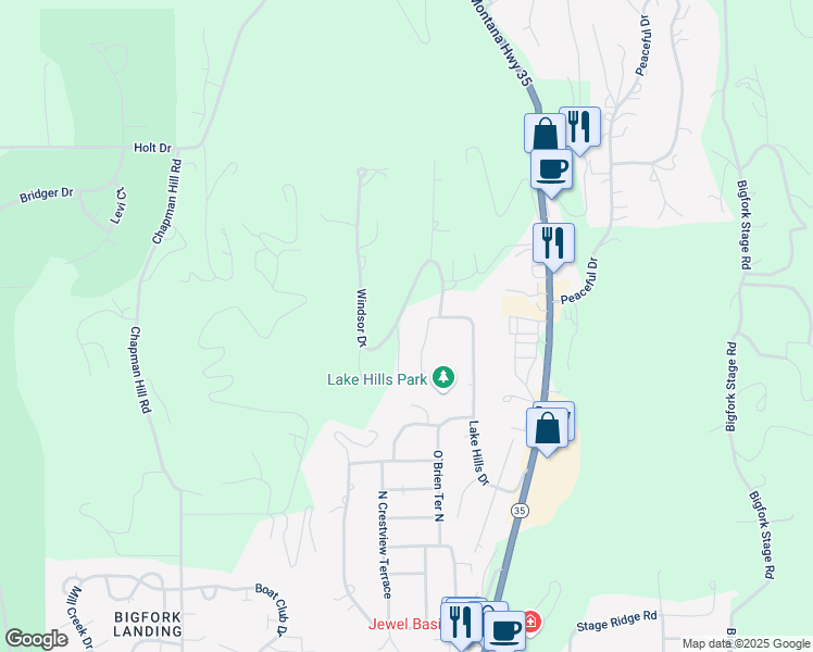 map of restaurants, bars, coffee shops, grocery stores, and more near 391 Windsong Way in Kalispell