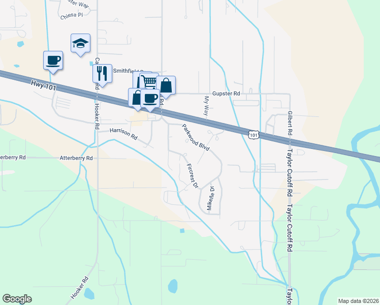 map of restaurants, bars, coffee shops, grocery stores, and more near 41 Fircrest Drive in Sequim