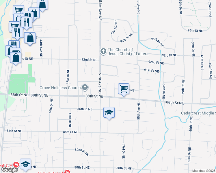 map of restaurants, bars, coffee shops, grocery stores, and more near 8911 51st Avenue Northeast in Marysville