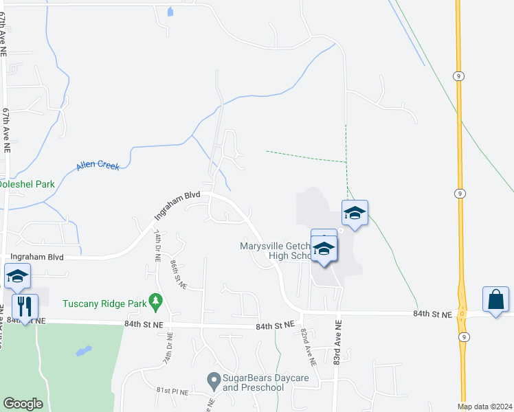 map of restaurants, bars, coffee shops, grocery stores, and more near 8811 78th Drive Northeast in Marysville