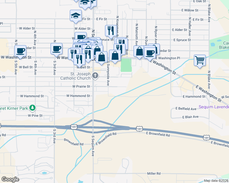 map of restaurants, bars, coffee shops, grocery stores, and more near 201 East Prairie Street in Sequim