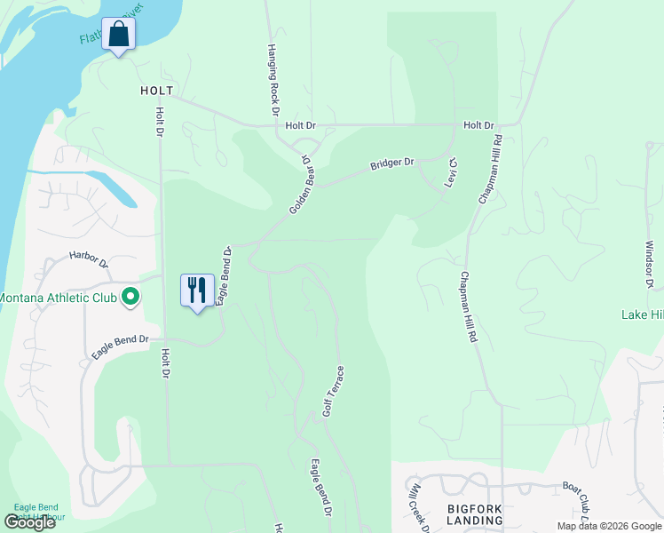 map of restaurants, bars, coffee shops, grocery stores, and more near 185 Golf Terrace in Bigfork