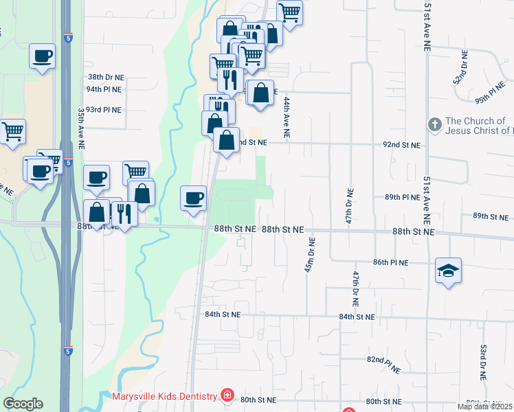 map of restaurants, bars, coffee shops, grocery stores, and more near 4305 88th Street Northeast in Marysville