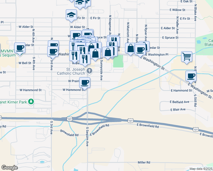 map of restaurants, bars, coffee shops, grocery stores, and more near 201 East Prairie Street in Sequim