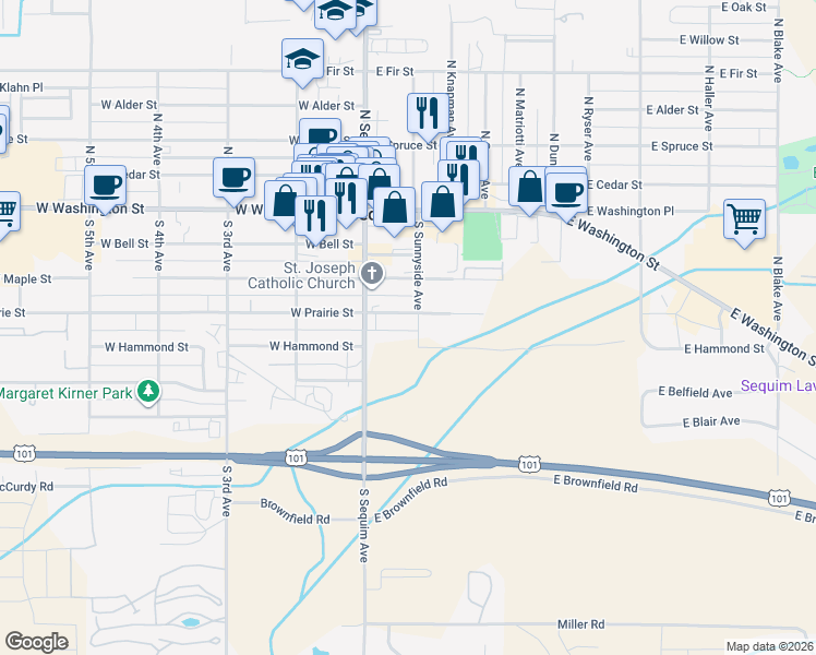 map of restaurants, bars, coffee shops, grocery stores, and more near 153 East Prairie Street in Sequim