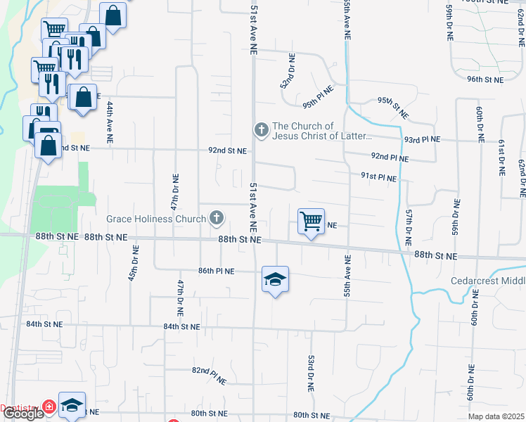map of restaurants, bars, coffee shops, grocery stores, and more near 8911 51st Avenue Northeast in Marysville