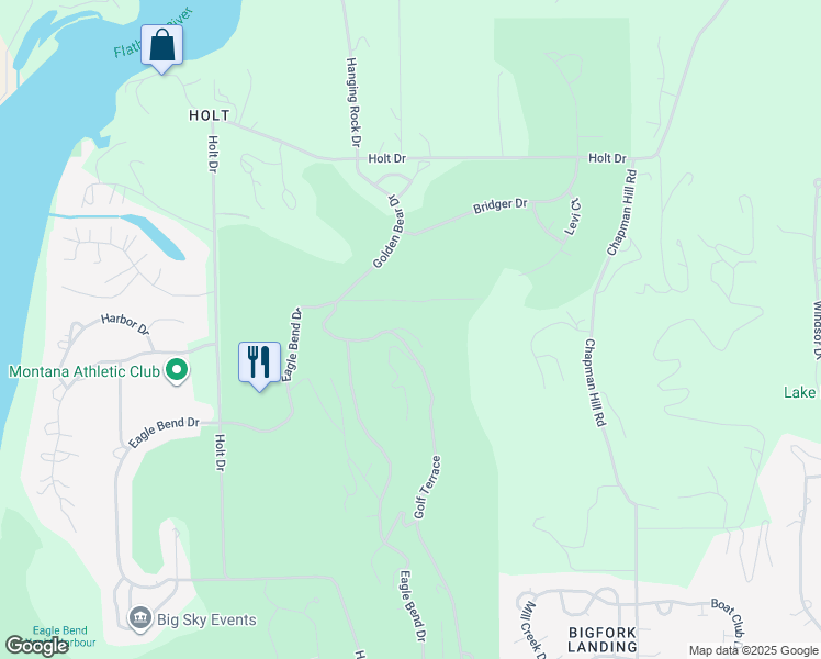 map of restaurants, bars, coffee shops, grocery stores, and more near 185 Golf Terrace in Bigfork