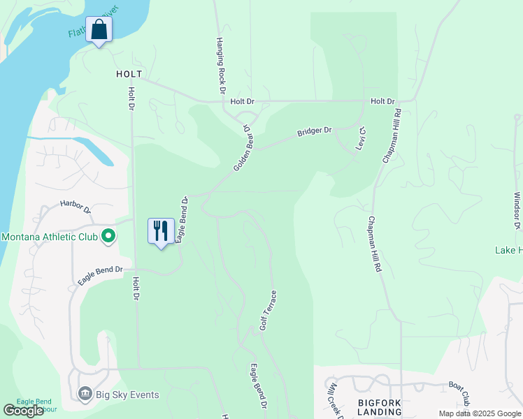map of restaurants, bars, coffee shops, grocery stores, and more near 185 Golf Terrace in Bigfork
