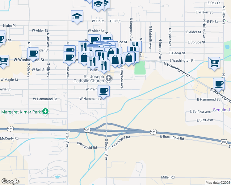 map of restaurants, bars, coffee shops, grocery stores, and more near 153 East Prairie Street in Sequim