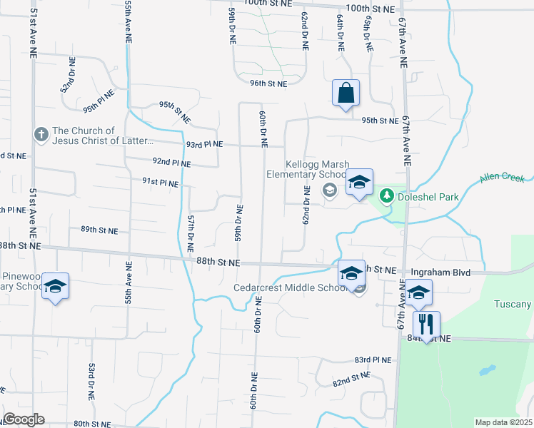map of restaurants, bars, coffee shops, grocery stores, and more near 9003 60th Drive Northeast in Marysville