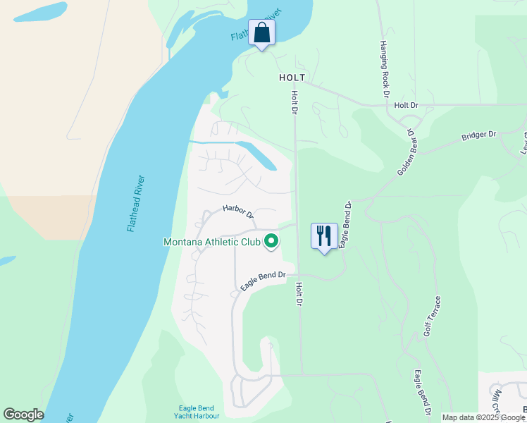 map of restaurants, bars, coffee shops, grocery stores, and more near 112 Harbor Way in Bigfork