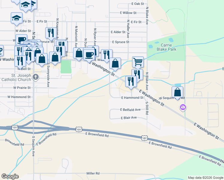 map of restaurants, bars, coffee shops, grocery stores, and more near 800 East Hammond Street in Sequim