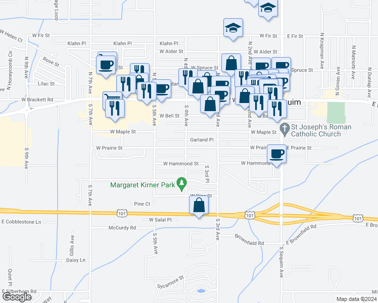 map of restaurants, bars, coffee shops, grocery stores, and more near 412 South 4th Avenue in Sequim