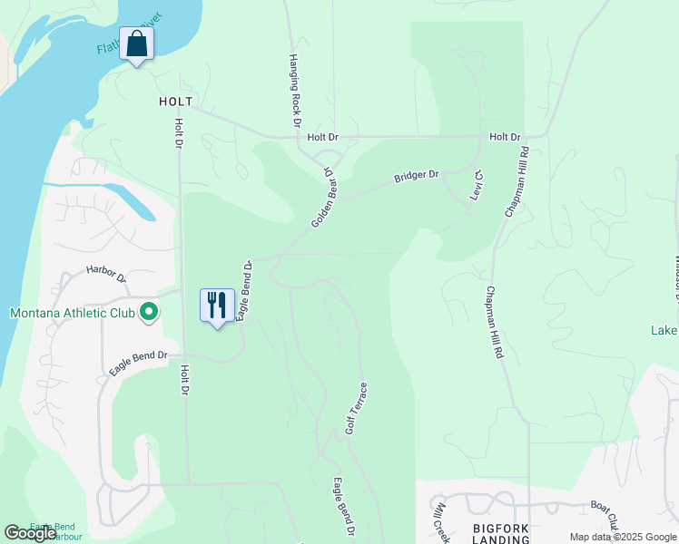 map of restaurants, bars, coffee shops, grocery stores, and more near 185 Golf Terrace in Bigfork