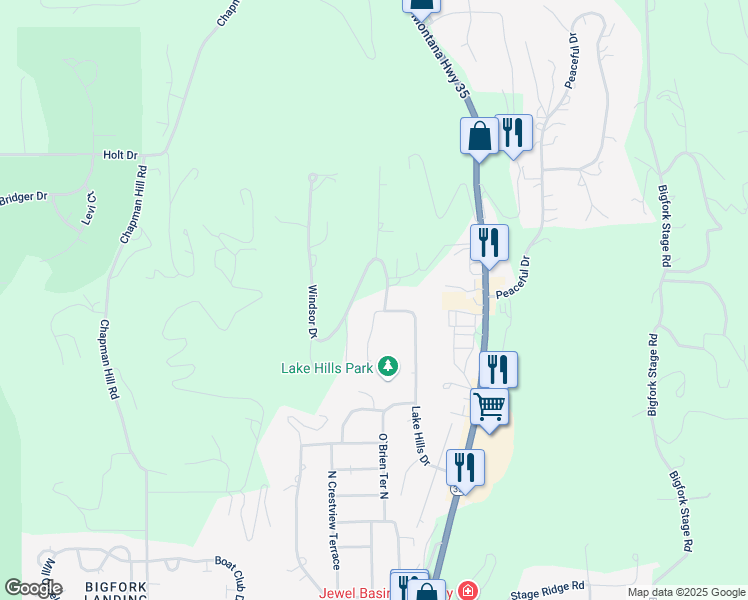 map of restaurants, bars, coffee shops, grocery stores, and more near 391 Windsong Way in Bigfork