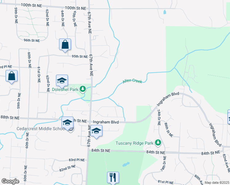 map of restaurants, bars, coffee shops, grocery stores, and more near 6929 89th Place Northeast in Marysville