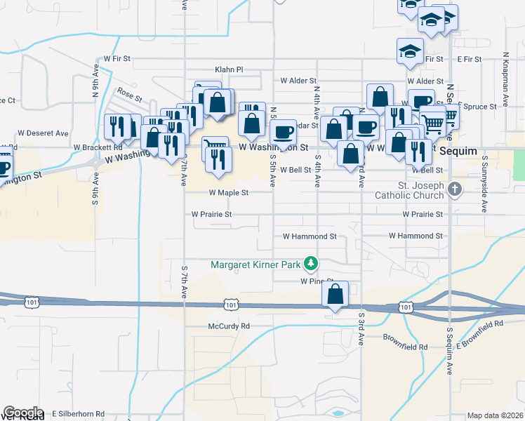 map of restaurants, bars, coffee shops, grocery stores, and more near 504 West Summer Breeze Lane in Sequim
