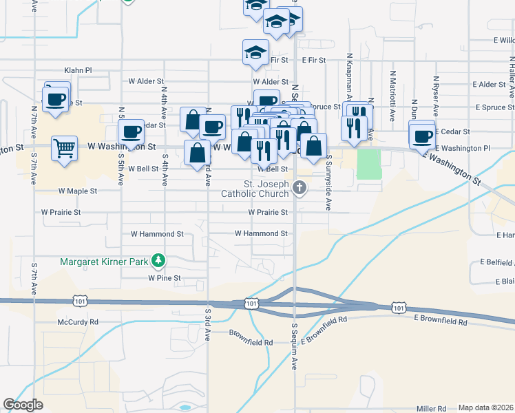 map of restaurants, bars, coffee shops, grocery stores, and more near 429 South 2nd Avenue in Sequim