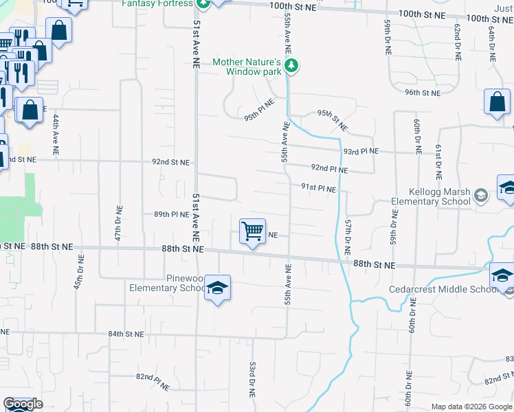 map of restaurants, bars, coffee shops, grocery stores, and more near 5315 89th Street Northeast in Marysville