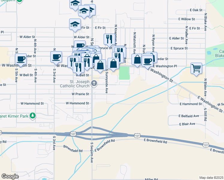map of restaurants, bars, coffee shops, grocery stores, and more near 300 South Sunnyside Avenue in Sequim