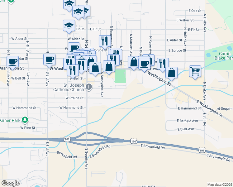 map of restaurants, bars, coffee shops, grocery stores, and more near 280 East Prairie Street in Sequim