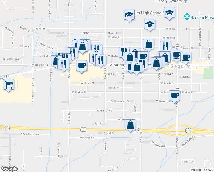 map of restaurants, bars, coffee shops, grocery stores, and more near 312 South 5th Avenue in Sequim