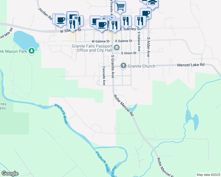 map of restaurants, bars, coffee shops, grocery stores, and more near 101 West Grand Street in Granite Falls