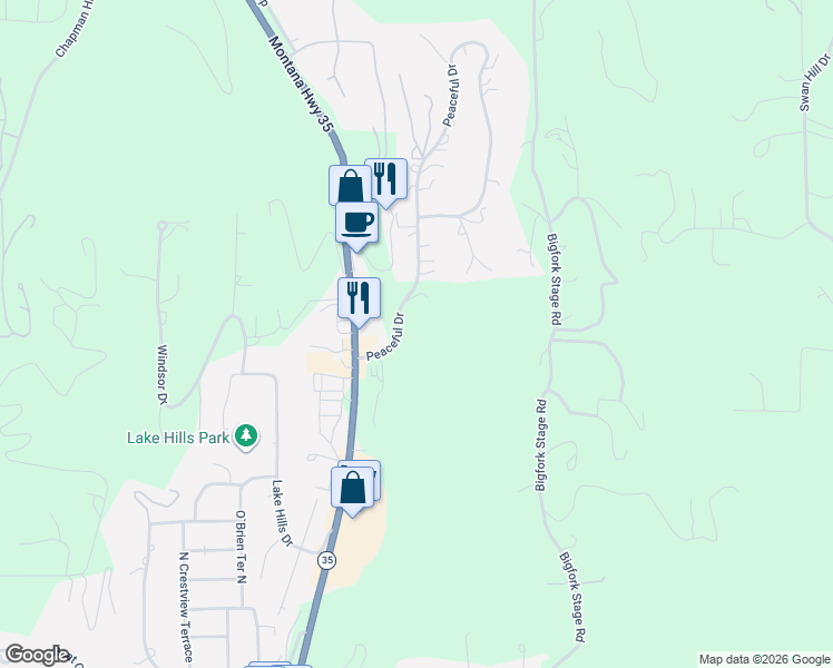 map of restaurants, bars, coffee shops, grocery stores, and more near 313-325 Peaceful Drive in Bigfork