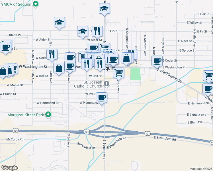 map of restaurants, bars, coffee shops, grocery stores, and more near 101 East Maple Street in Sequim