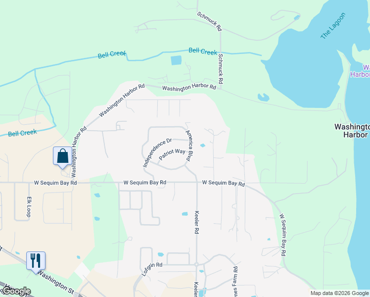 map of restaurants, bars, coffee shops, grocery stores, and more near 131 Patriot Way in Sequim