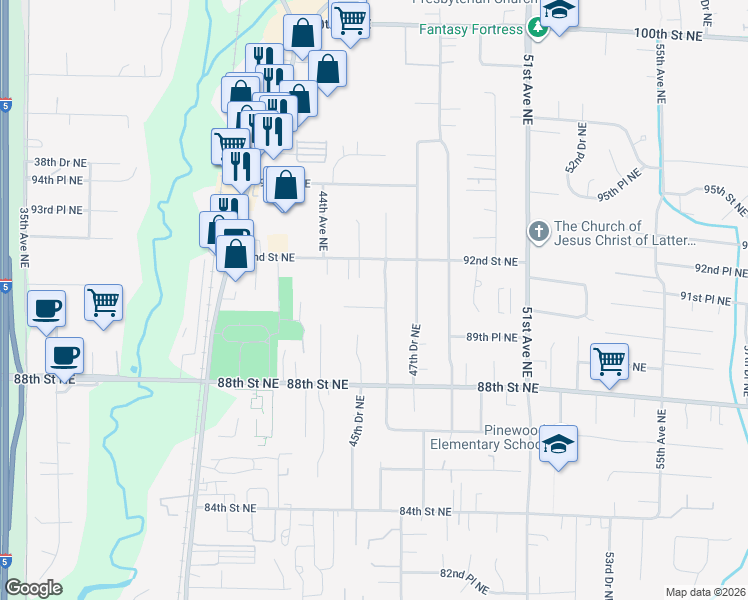 map of restaurants, bars, coffee shops, grocery stores, and more near 4605 90th Place Northeast in Marysville