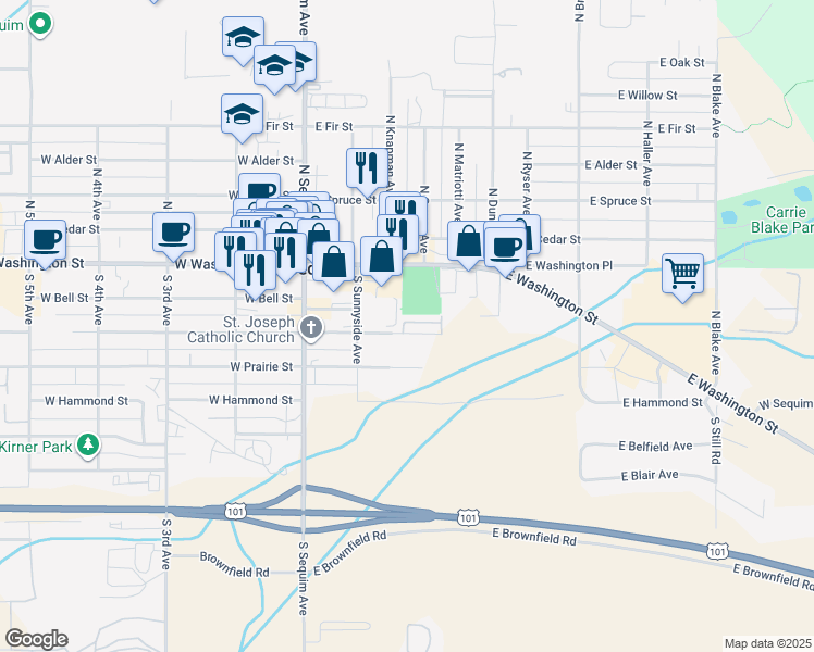 map of restaurants, bars, coffee shops, grocery stores, and more near 340 East Maple Street in Sequim