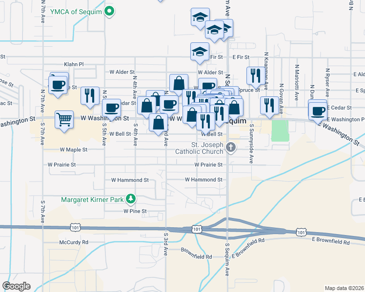 map of restaurants, bars, coffee shops, grocery stores, and more near 256 West Maple Street in Sequim