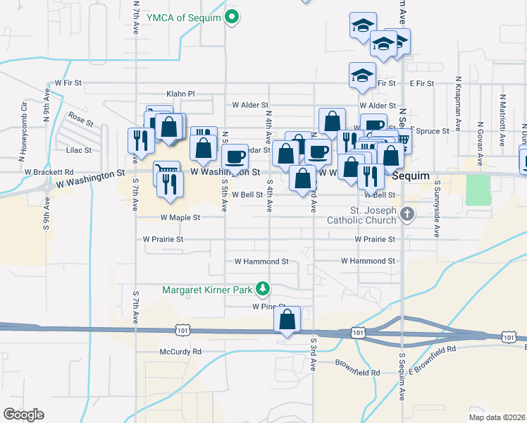 map of restaurants, bars, coffee shops, grocery stores, and more near 402 West Maple Street in Sequim