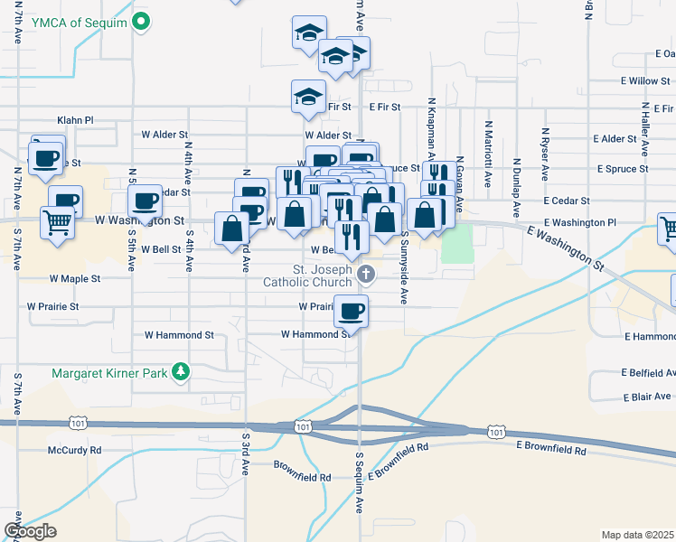 map of restaurants, bars, coffee shops, grocery stores, and more near 136 W Maple St in Sequim