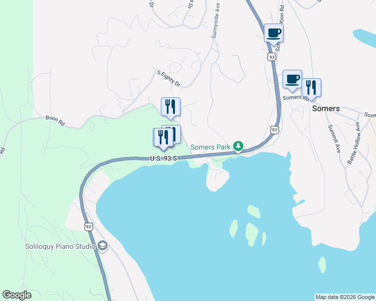 map of restaurants, bars, coffee shops, grocery stores, and more near 100 Boon Road in Somers