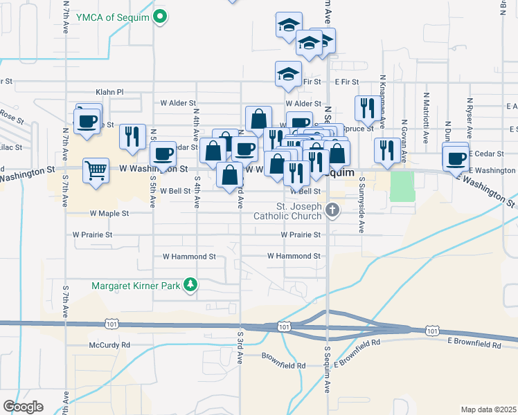 map of restaurants, bars, coffee shops, grocery stores, and more near 256 W Maple St in Sequim