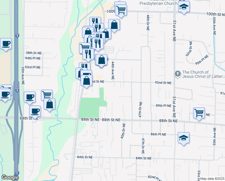 map of restaurants, bars, coffee shops, grocery stores, and more near 4503 90th Place Northeast in Marysville