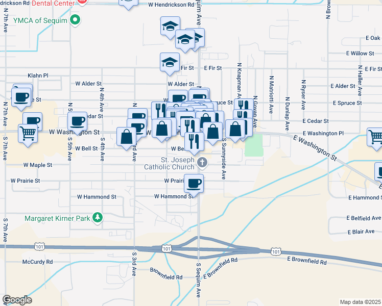 map of restaurants, bars, coffee shops, grocery stores, and more near 136 West Maple Street in Sequim