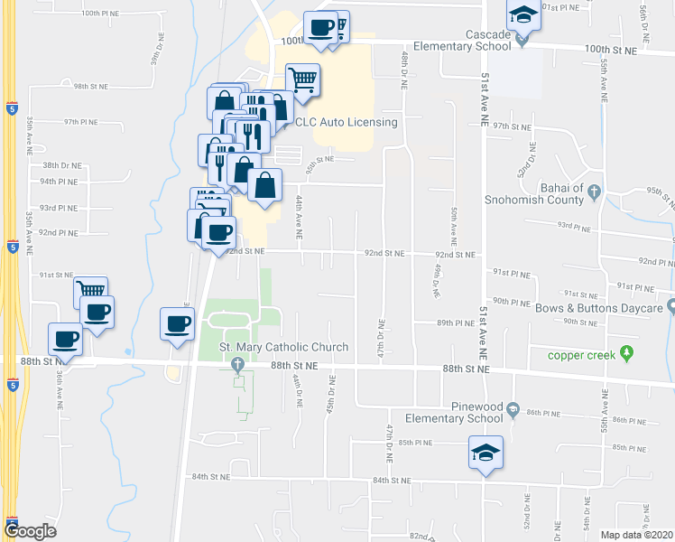 map of restaurants, bars, coffee shops, grocery stores, and more near 4605 90th Place Northeast in Marysville