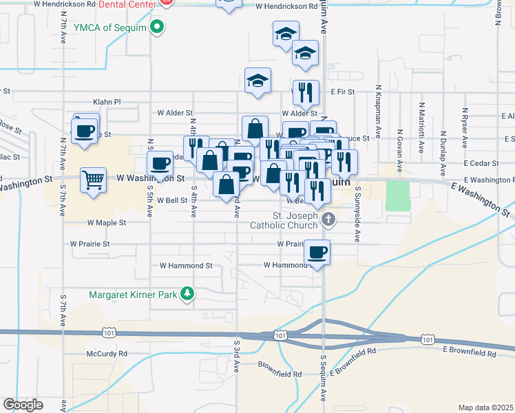 map of restaurants, bars, coffee shops, grocery stores, and more near 256 West Maple Street in Sequim