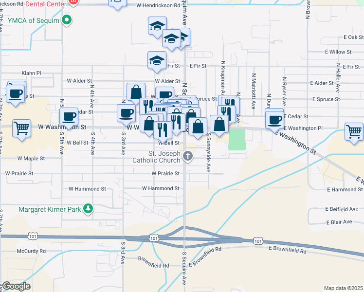 map of restaurants, bars, coffee shops, grocery stores, and more near 101 East Maple Street in Sequim